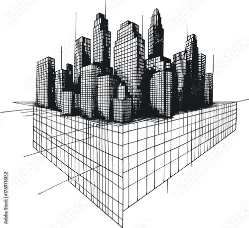 Skyscrapers on a platform of grid lines in cubic perspective