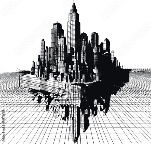 Skyscrapers on a platform of grid lines in cubic perspective