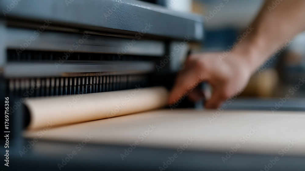Obraz premium A craftsman carefully feeds paper into a vintage printing press, adjusting its position with precision. The rhythmic hum of the machinery fills the air. Focus on craft and skill.