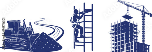 Bulldozer, worker climbing ladder, and building construction with crane earthmover dirt