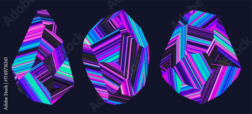 Set of neon geometric crystals made of parallel thin glowing lines. Polygonal crystalline digital forms refracts digital light into rhythmic geometric patterns for poster design or creative concepts