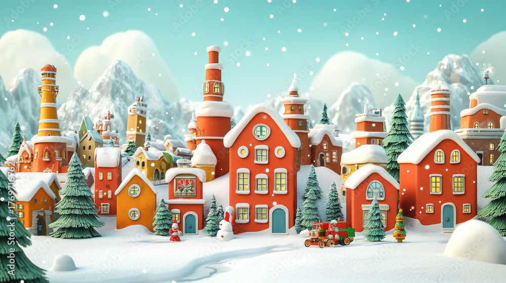 Naklejka premium Christmas toy factory scene depicting charming cartoon buildings and snowy landscapes, illustrating the festive spirit of winter holidays with space for text
