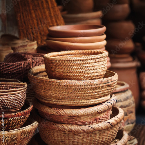 Stack of handwoven wicker baskets in earth tones, in an Indian market