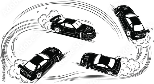 A black and white illustration of a car drifting in a circle, creating a dynamic and energetic design isolated on white background