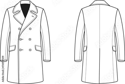 Double‑breasted overcoat front and back view, fashion design template, garment illustration, coat mockup, clothing vector, apparel outline, retail production