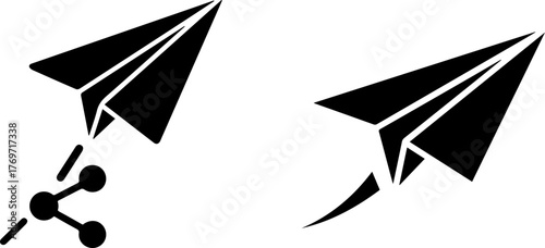 two black paper airplanes. one has a network symbol. it is a simple illustration. these represents communication and connection in a modern style
