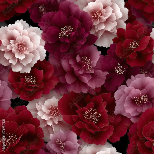 Colorful peonies in shades of red, purple, and white are positioned harmoniously on a light surface, creating a vibrant display SEAMLESS PATTERN