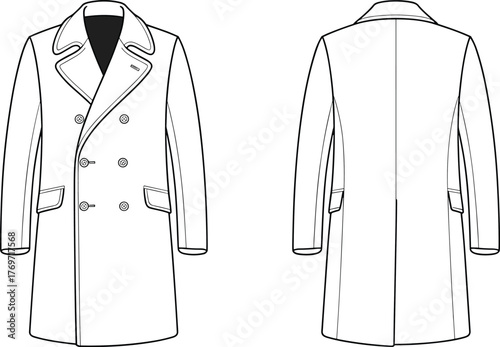 Double‑breasted overcoat front and back view, fashion design template, garment illustration, coat mockup, clothing vector, apparel outline, retail production