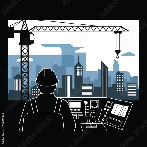 Construction worker in control room overlooking city skyline and crane operator
