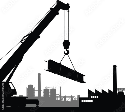 Crane lifting steel beam over factory silhouette with smokestacks on white background construction