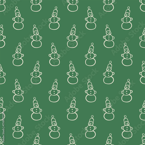 Christmas vintage seamless pattern. Green pattern with hand drawn snowman, tree decor in retro style. Whimsical New Year pattern for wrapping papers, packages, holiday, fabric design, greeting cards.