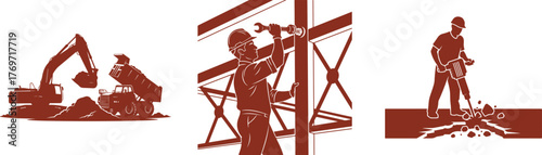 Construction Worker Icons Excavator Dump Truck and Jackhammer Operator vector illustration