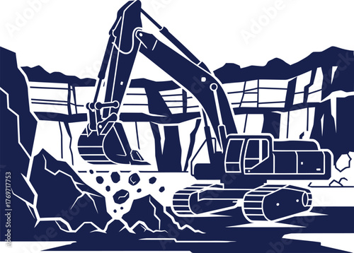 Dark Blue Silhouette of Excavator Digging in Quarry on White Background Keywords: excavator, digging, quarry, mining, construction