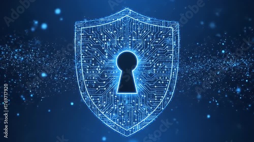 Futuristic digital shield with a keyhole symbolizing cybersecurity and data protection