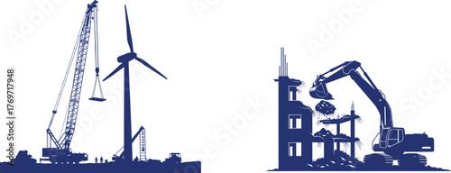 Demolition and Construction Silhouettes of Heavy Machinery and Wind Turbine crane excavator