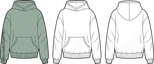 Hoodie front and back view, fashion design template, garment illustration, sweatshirt mockup, clothing vector, apparel outline, retail production, green hoodie