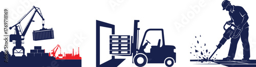 Industrial Port Crane, Forklift with Pallets, and Worker with Jackhammer Silhouettes vector