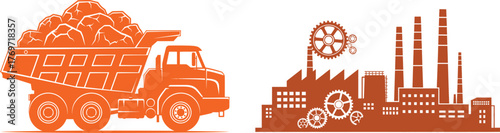 Orange dump truck filled with rocks next to a factory silhouette with gears construction heavy machinery