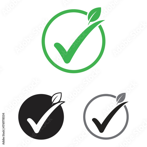 Checkmark symbol for approval and green leaf icon for nature and eco-friendly vector