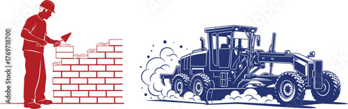 Red Silhouette of a Bricklayer and Blue Silhouette of a Grader mason brick wall