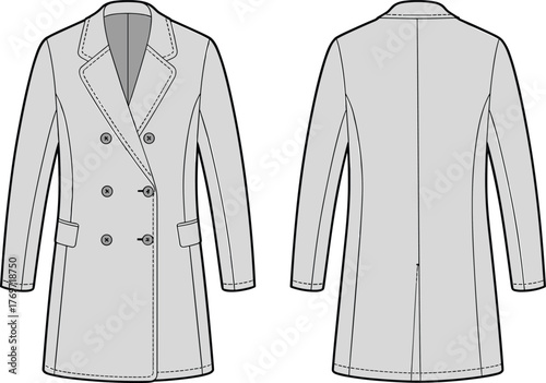 Women’s double‑breasted coat front and back view, fashion design template, garment illustration, coat mockup, clothing vector, apparel outline, retail production