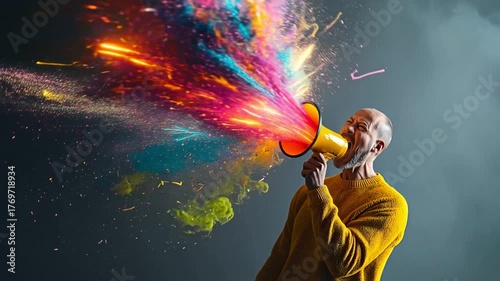 Man shouting into megaphone releasing colors and creativity