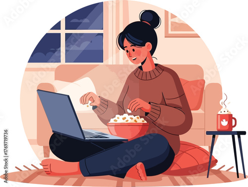 Woman watching a movie on a laptop while eating popcorn at home.