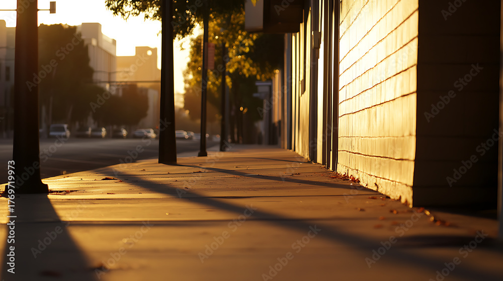 Naklejka premium Urban landscape at golden hour, showcasing a sidewalk bathed in warm sunlight with long shadows cast by streetlights and buildings, creating a serene urban scene.