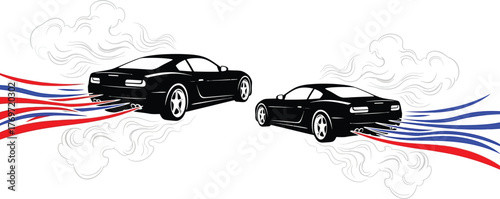 Two cars racing with smoke trails, isolated on white background the cars are black and the smoke is red, white, and blue