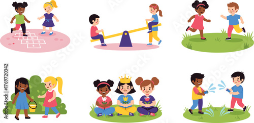 Children playing outdoors, hopscotch, seesaw, running, walking, splashing water, teamwork, friendship, park fun, summer activity, joyful moments, childhood development, social interaction