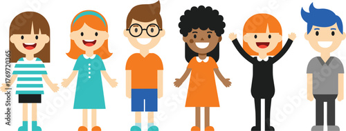 Cartoon diverse children standing together, multicultural kids illustration, colorful outfits, happy expressions, inclusive group, educational design, character set for digital platforms