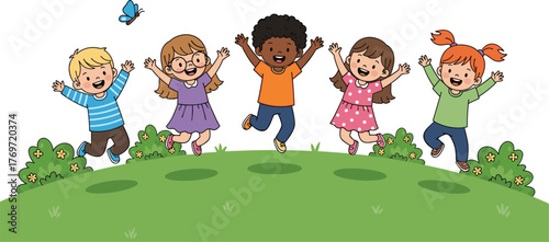 WebHappy children jumping outdoors, joyful kids on grassy hill, colorful outfits, playful expressions, nature background, cartoon illustration for education, family, and lifestyle content