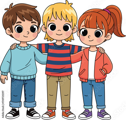 Happy diverse children hugging, friendship concept, cartoon kids illustration, unity and togetherness, multicultural youth, teamwork, emotional bonding, childhood connection, white background