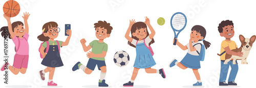 Active children cartoon illustration, sports and play, joyful kids with ball, racket, dog, technology, energetic poses, colorful outfits, white background