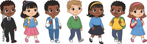 Diverse group of cartoon children, school outfits, colorful backpacks, standing in row, educational illustration, multicultural kids, back to school concept, vector art