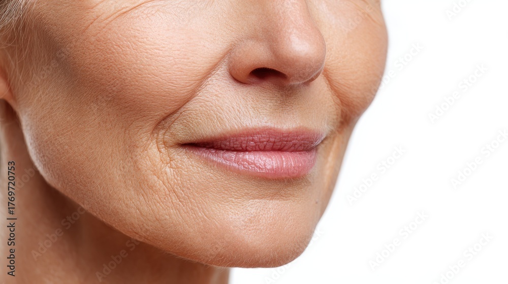 Obraz premium 50s middle aged old woman looking at camera isolated on white background advertising dry skin care treatment anti age skincare beauty plastic surgery cosmetology procedures close up half face view no