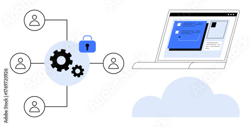 Gears connecting users, secure lock, laptop interface, and cloud. Ideal for teamwork, cybersecurity, cloud storage, digital collaboration app design engineering technology concepts. Simple flat