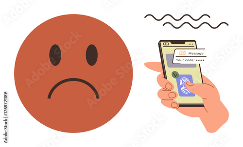 Sad emotion expressing dissatisfaction beside a hand holding phone with two-step authentication icons. Ideal for cybersecurity, frustration, digital security, mobile apps, emotional response, tech