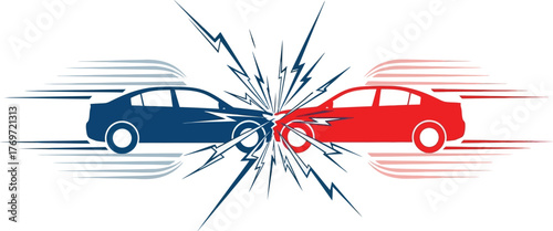 Car crash illustration isolated on white background depicts a collision between two vehicles, emphasizing the impact and damage in red and blue