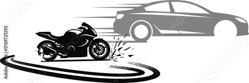 Motorcycle and car racing on a track, isolated on white background the motorcycle is black and the car is gray, both moving fast