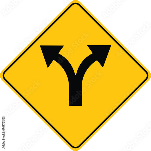 yellow fork road warning sign diamond shape traffic junction split path directional symbol two way arrows