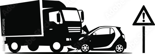 Truck and car collision illustration isolated on white background depicts a crash between a large truck and a small car, emphasizing the size difference