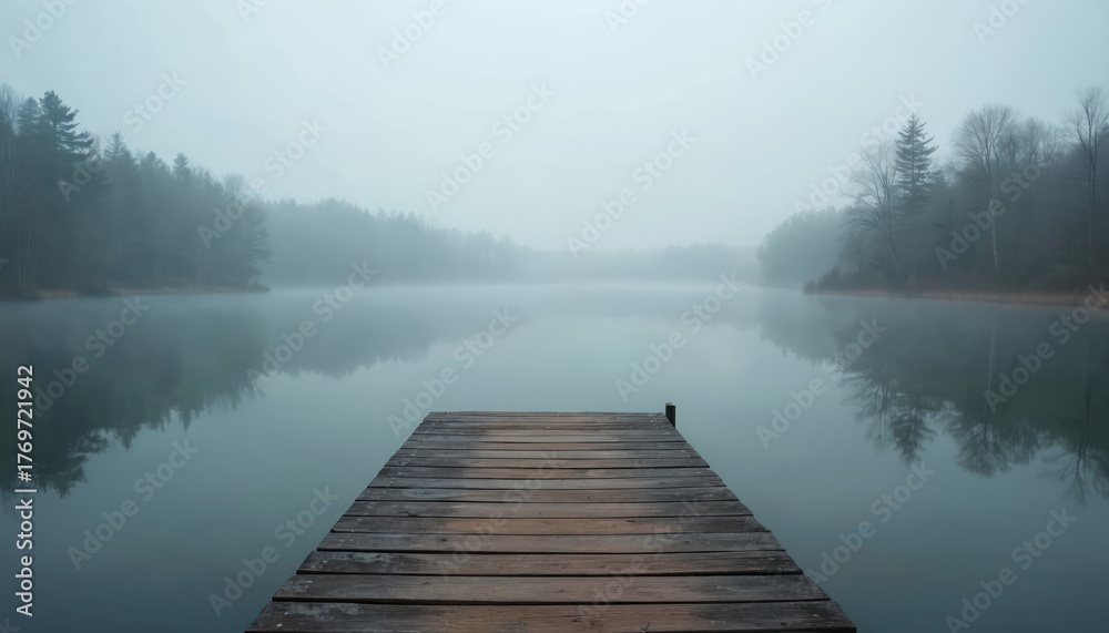 Fototapeta premium Wooden dock extends into calm lake with thick mist. Pine, bare trees line foggy shore, reflected in still water. Serene natural landscape offers peace, quiet, relaxation. Tranquil, secluded outdoor