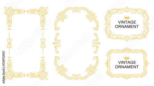 Collection of Decorative Golden Vintage Ornaments and Frames on White Background vector illustration