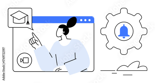 Person interacting with e-learning platform featuring graduation cap and video call icons, a gear with a notification bell, and abstract cloud. Ideal for education, virtual learning, training