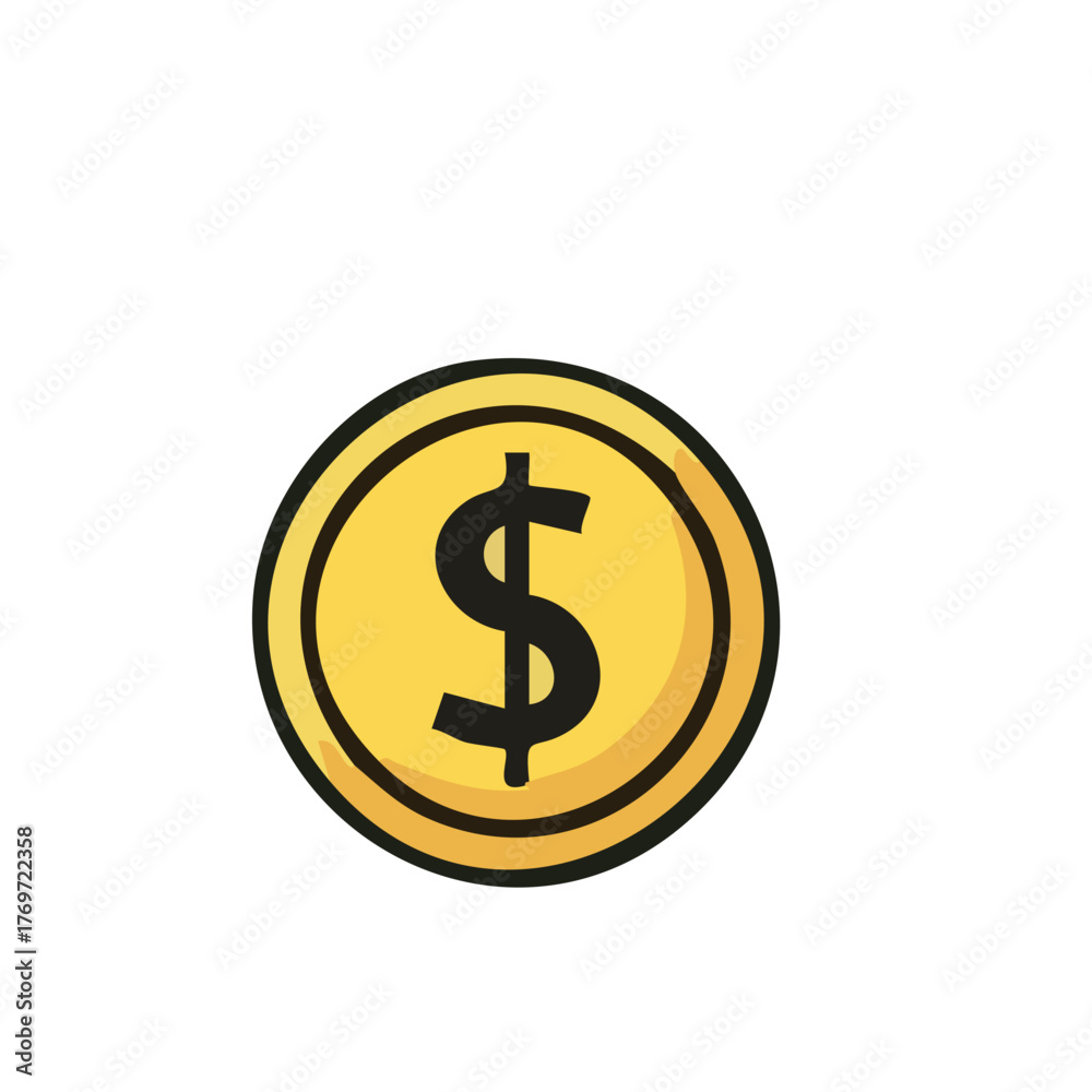 Fototapeta premium Cartoonish Gold Coin with Black Outline and Dollar Sign Illustration