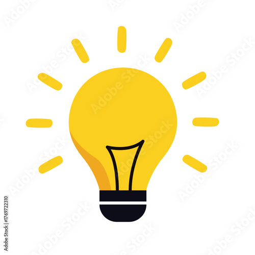 Stylized Yellow Lightbulb with Radiating Light Rays, Black Base and Filament