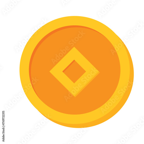 Golden Coin with a Central Diamond Shape, Isolated on Transparent Background