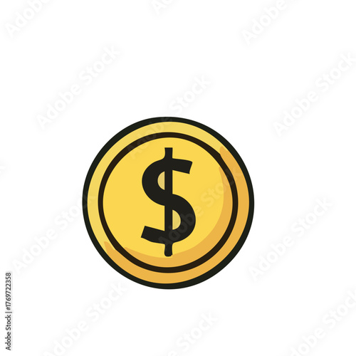 Cartoonish Gold Coin with Black Outline and Dollar Sign Illustration
