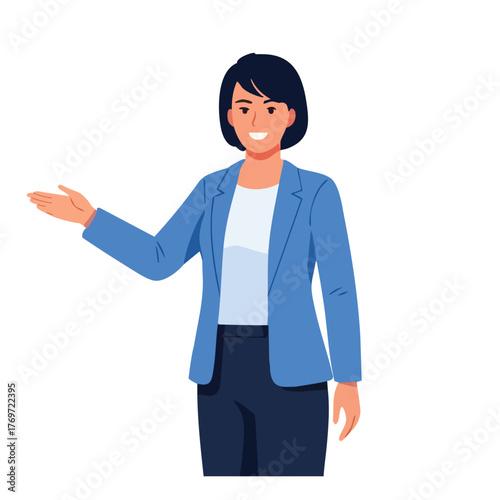 Smiling businesswoman in blue blazer presenting with open hand gesture